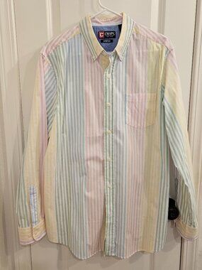Chaps Preppy Stretch Oxford Button Down Pastel Rainbow Stripe Fun Shirt L